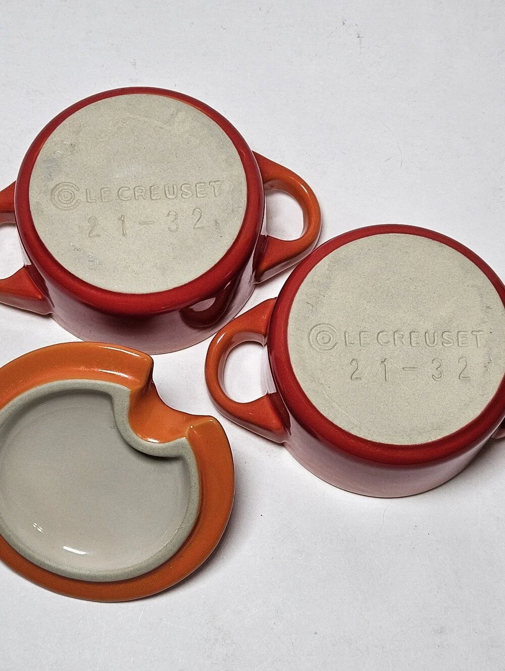 Le Creuset Mini Cocotte Set of 2 Flame Volcanic Orange Red w 2 Spoons 1 Lid